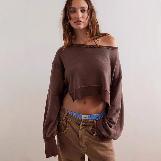 Damen Cropped Sweatpullover Weite Ärmel Grau Eveloria - Eveloria