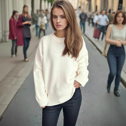 Damen Oversized Strickpullover Weicher Baumwollmix Lässig Beige