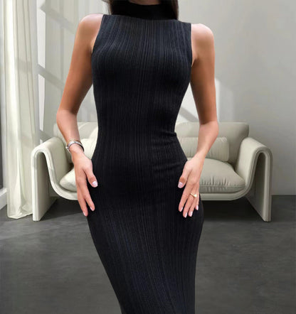 Damen Maxikleid Figurbetont Rippmuster Hochkragen Eveloria