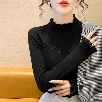 Damen Longsleeve-Shirt Dekorativ Knöpfe Raffungen Eveloria