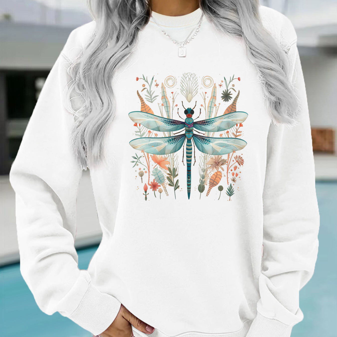 Damen Sweatshirt Libellen-Print Baumwolle Grün