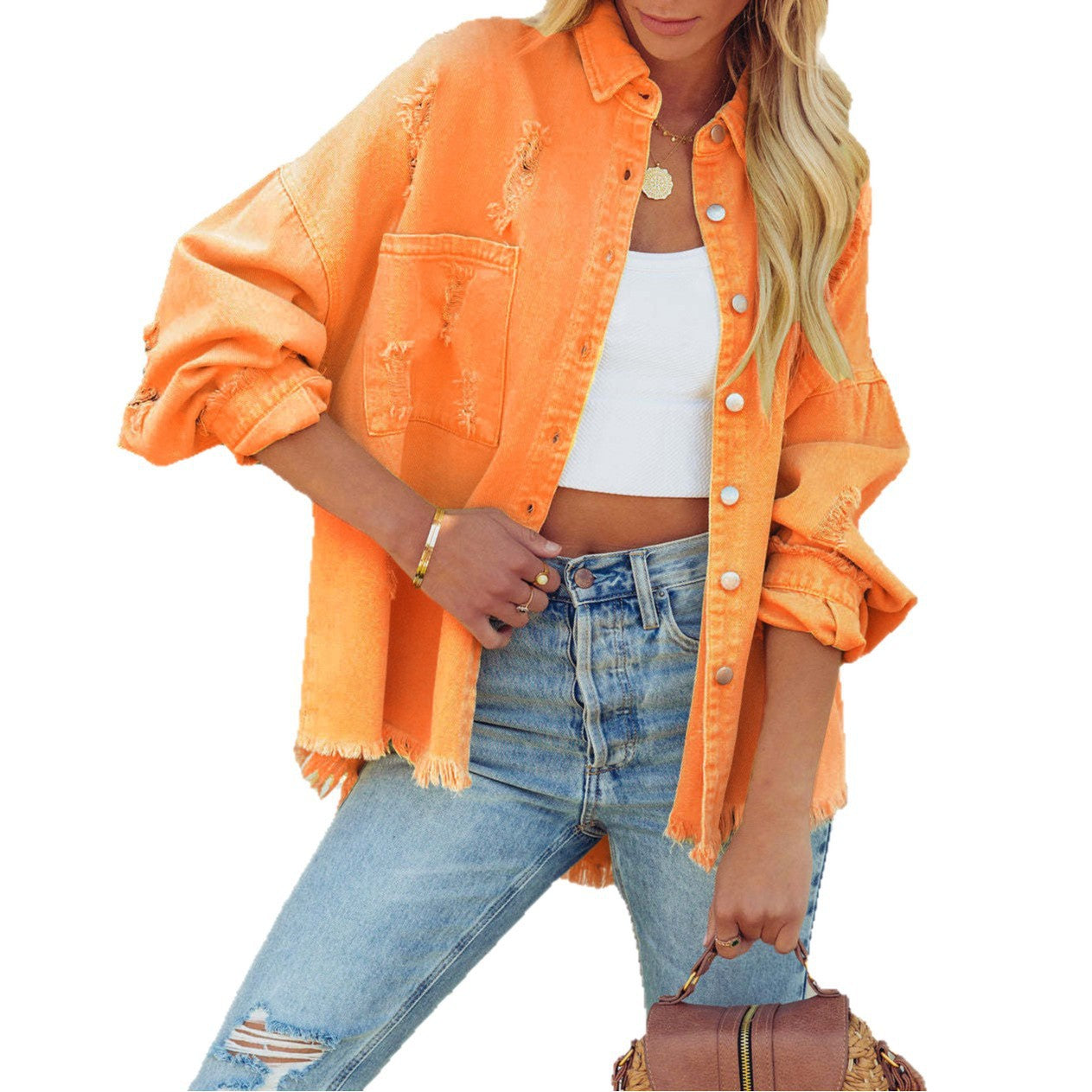 Damen Oversized Denim-Jacke Französische Säume Knopfdesign Blau
