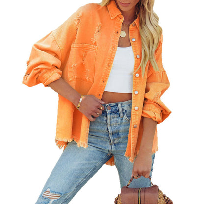 Damen Oversized Denim-Jacke Französische Säume Knopfdesign Blau
