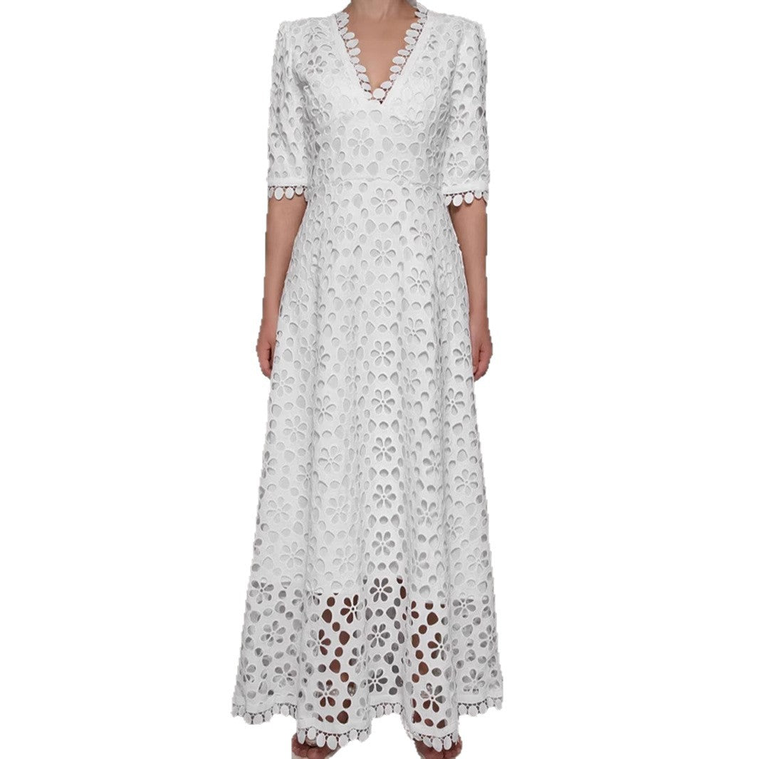 Damen Maxikleid mit Floralmuster Cut-Outs Spitzenkragen