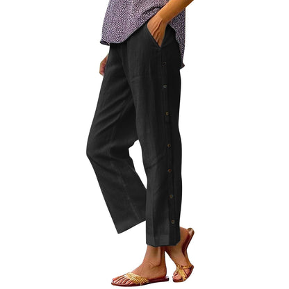 Damen Leinenhose Bequem Knöpfe Anthrazit