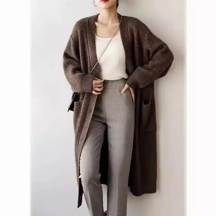Damen Strickcardigan Lang mit Taschen und Knöpfen Anthrazit
