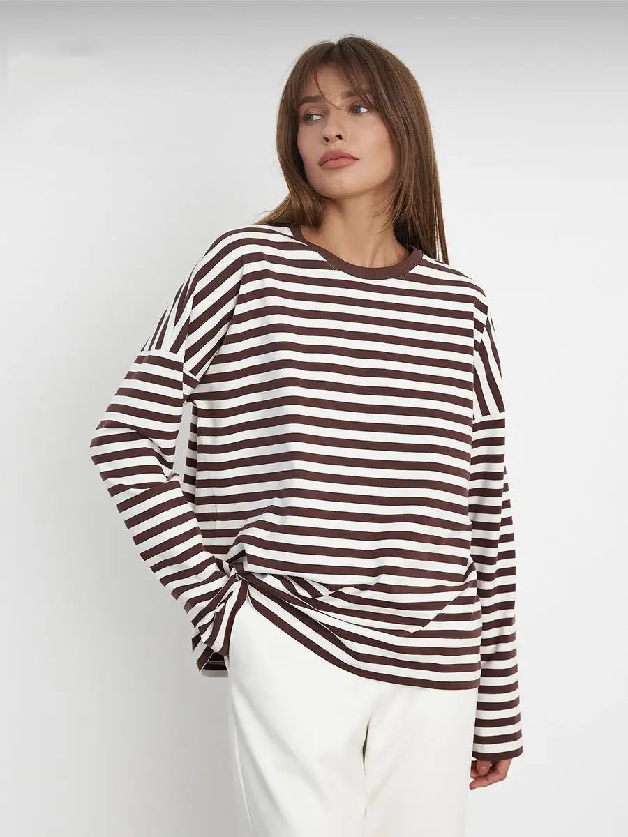 Damen Langarm T-Shirt Streifen Weiss