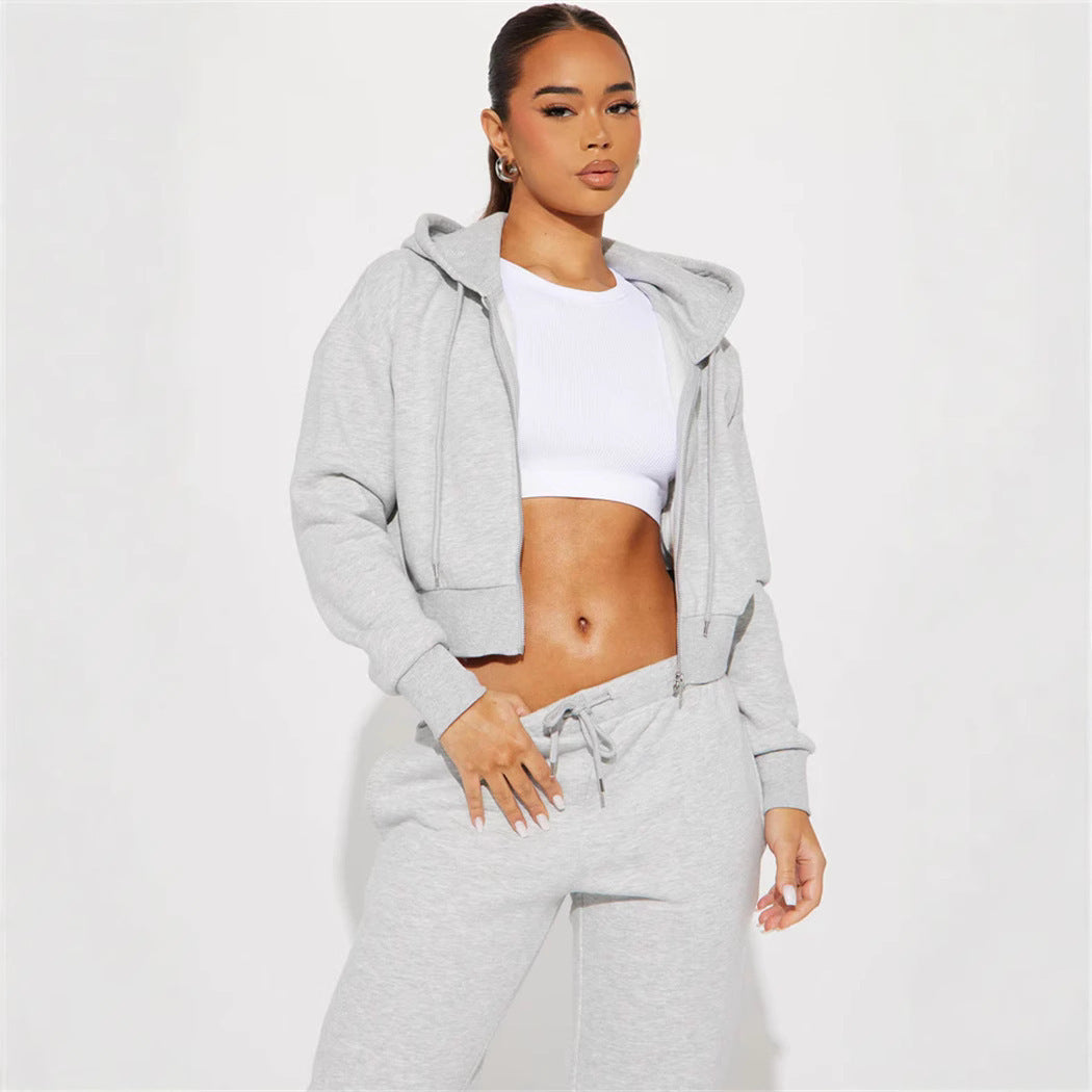 Damen Sweatset Cropped Hoodie Weite Hose Grau