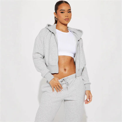 Damen Sweatset Cropped Hoodie Weite Hose Grau