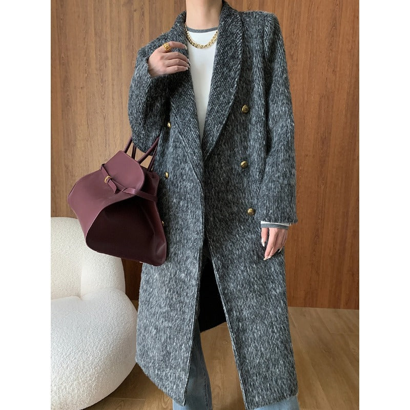 Eveloria Damen Doppelreiher-Mantel Strick Goldknöpfe Schwarz - Eveloria