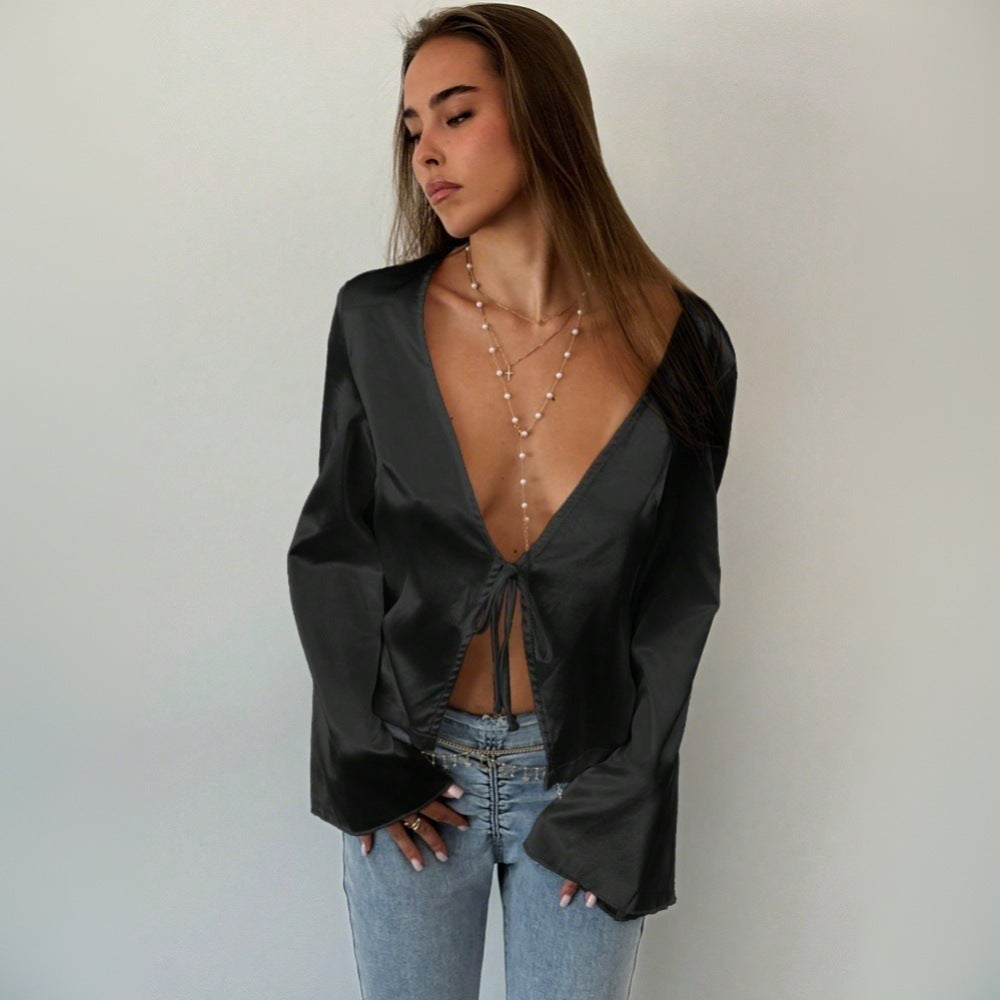 Damen Bluse V-Ausschnitt Lässiger Knoten Detail Eveloria