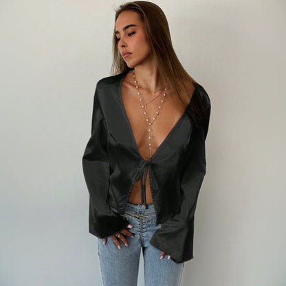 Damen Bluse V-Ausschnitt Lässiger Knoten Detail Eveloria
