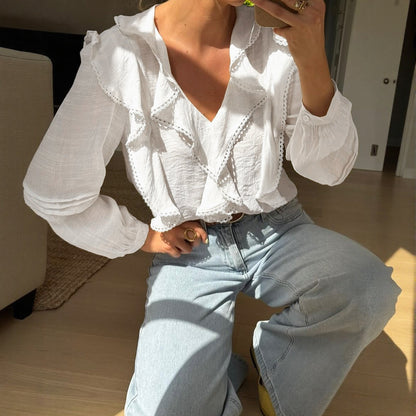 Damen Bluse Rüschendetails V-Ausschnitt Elegantes Design