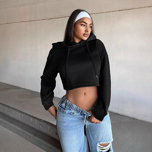 Damen Cropped Sweatshirt Locker Kapuze Grau Eveloria - Eveloria