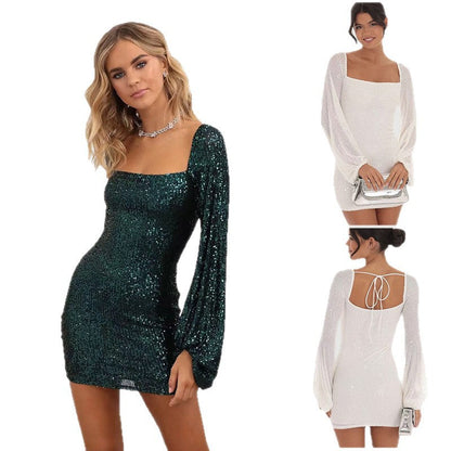 Damen Minikleid mit Puffärmeln Pailletten