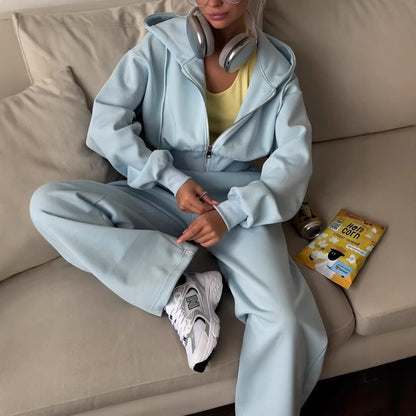 Damen Cropped Sweatoutfit mit Kapuze und Reißverschluss