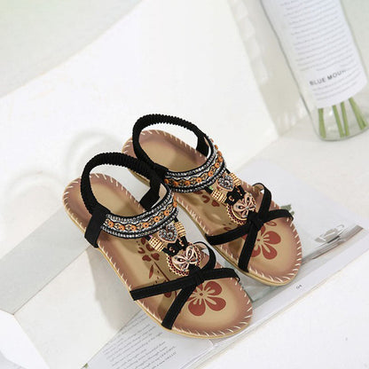Damen Sandalen Boho Stil Elastikriemen Beige