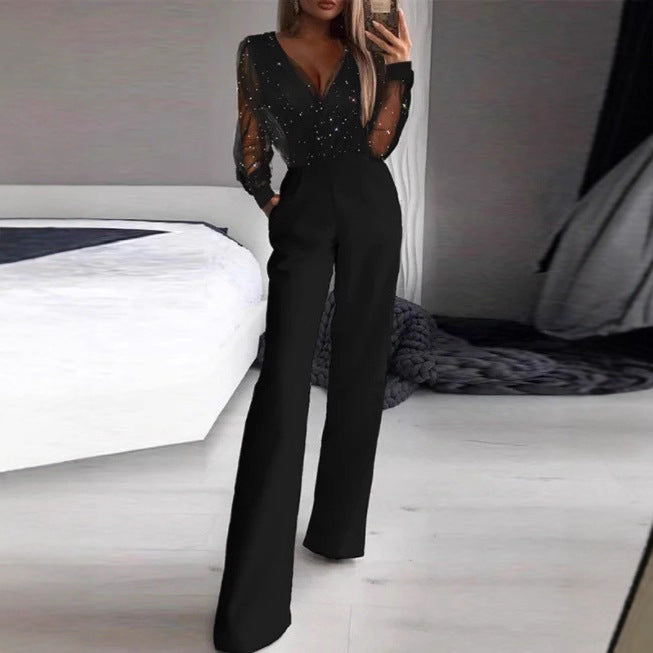 Damen Jumpsuit Transparente Bluse Schimmernde Akzente Eveloria