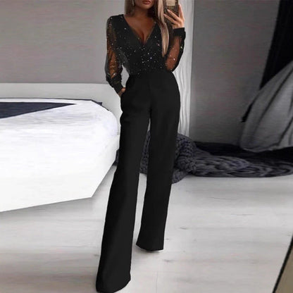 Damen Jumpsuit Transparente Bluse Schimmernde Akzente Eveloria