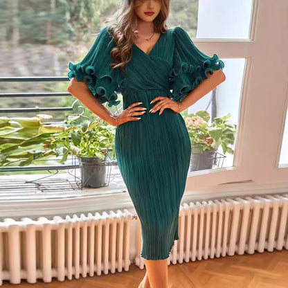 Damen Midi-Kleid Plissiert Ärmel Voluminös Eveloria