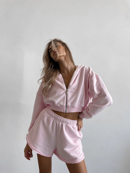 Damen Sportliches Loungewear-Set Cropped Hoodie Lässige Shorts