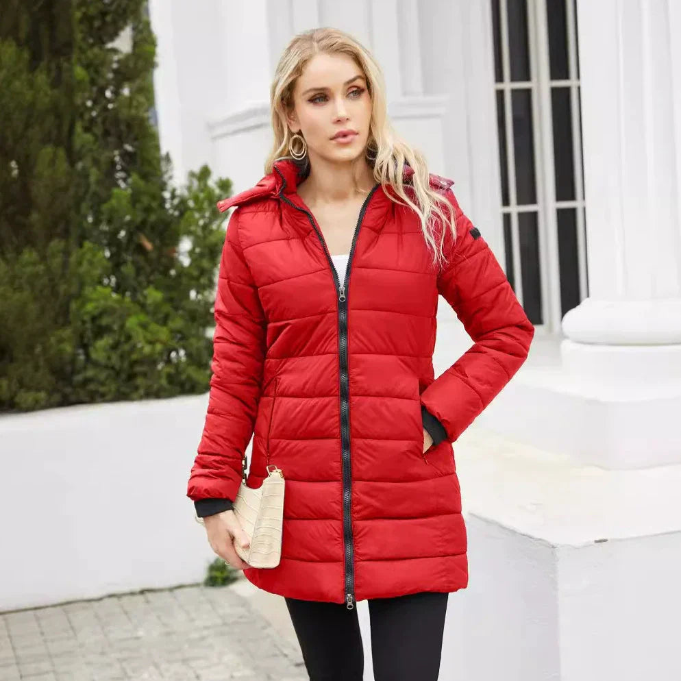 Damen Pufferjacke Steppdesign Mittellang Abnehmbare Kapuze
