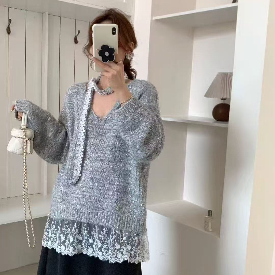 Damen Strickpullover Spitzenunterteil Elegantes Design