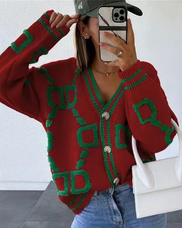 Damen Cardigan Geometrisches Muster Knopfleiste Anthrazit