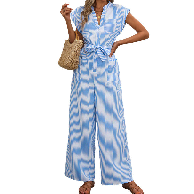 Damen Jumpsuit Taillierbarer Gurt Streifenmuster Eveloria