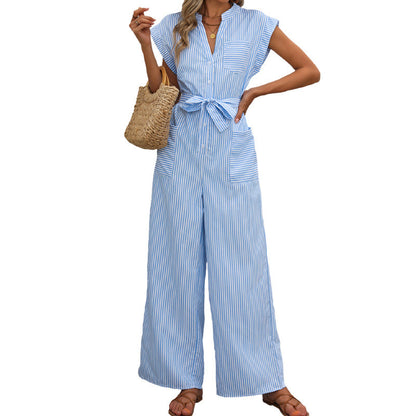 Damen Jumpsuit Taillierbarer Gurt Streifenmuster Eveloria