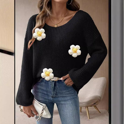 Damen Strickpullover Florales 3D-Design Weite Ärmel