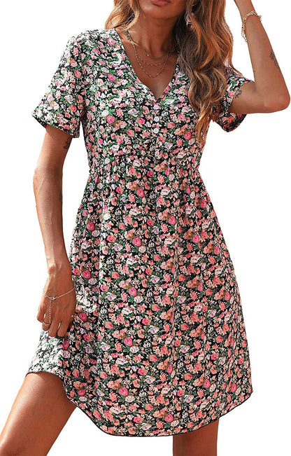 Damen Shift-Kleid V-Ausschnitt Floral Eveloria