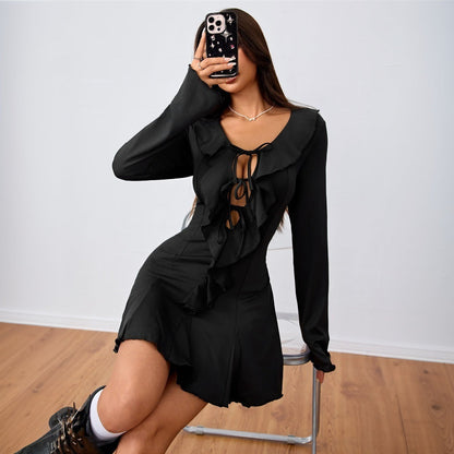 Damen Minikleid Rüschen Tiefes Dekolleté Langarm