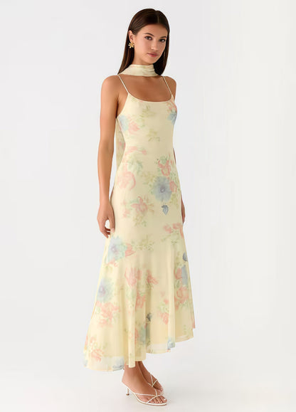 Damen Maxikleid Blumiges Chiffon Neckholder Elegant Blau