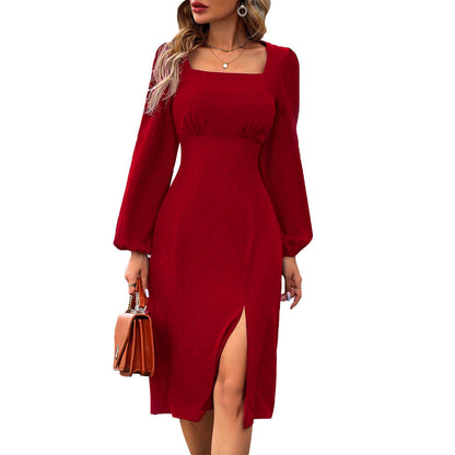 Damen Cocktailkleid Langärmlig Hohem Schlitz Eveloria