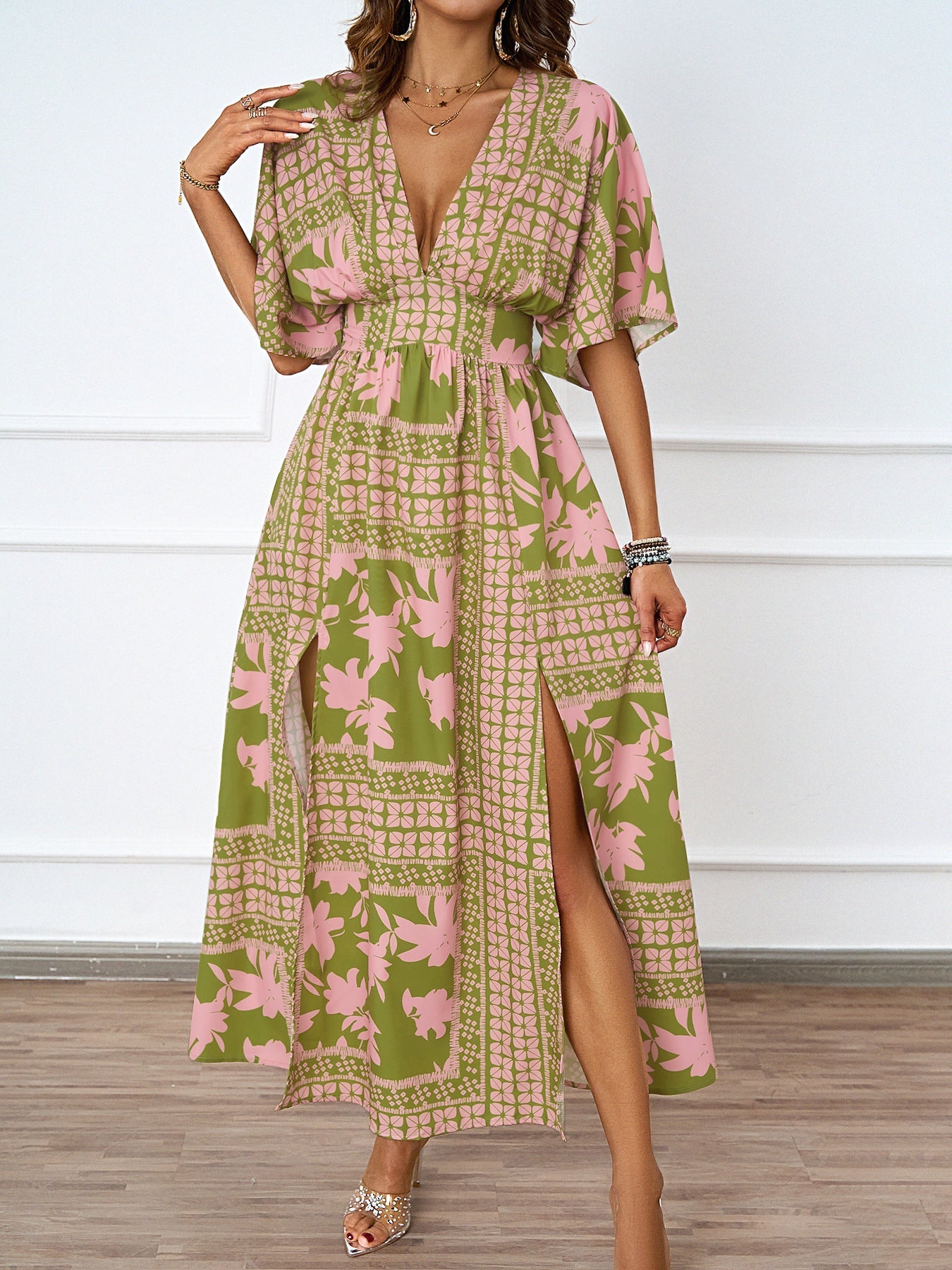 Damen Maxikleid V-Ausschnitt Seitenschlitz Eveloria