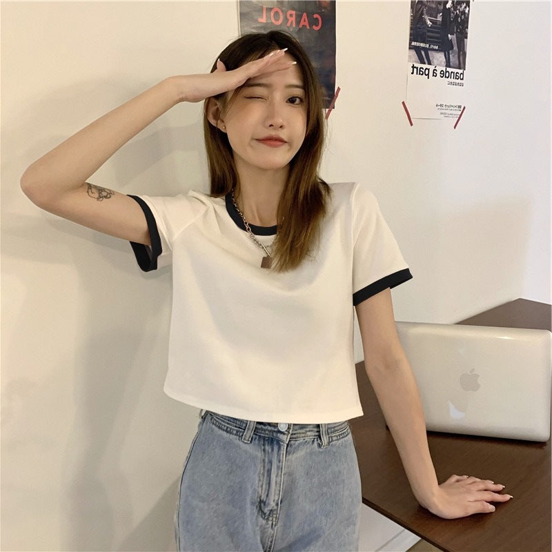 Damen T-Shirt Cropped mit Kontrastärmeln Moderner Schnitt - Eveloria