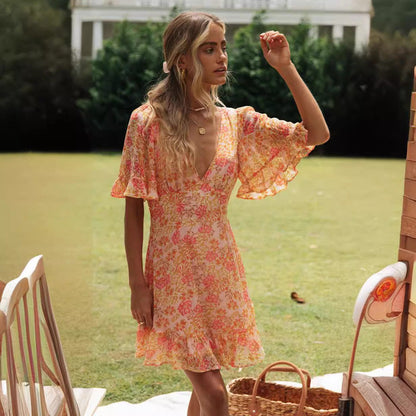 Damen Wickelkleid Mini Voluminöse Ärmel Romantisch
