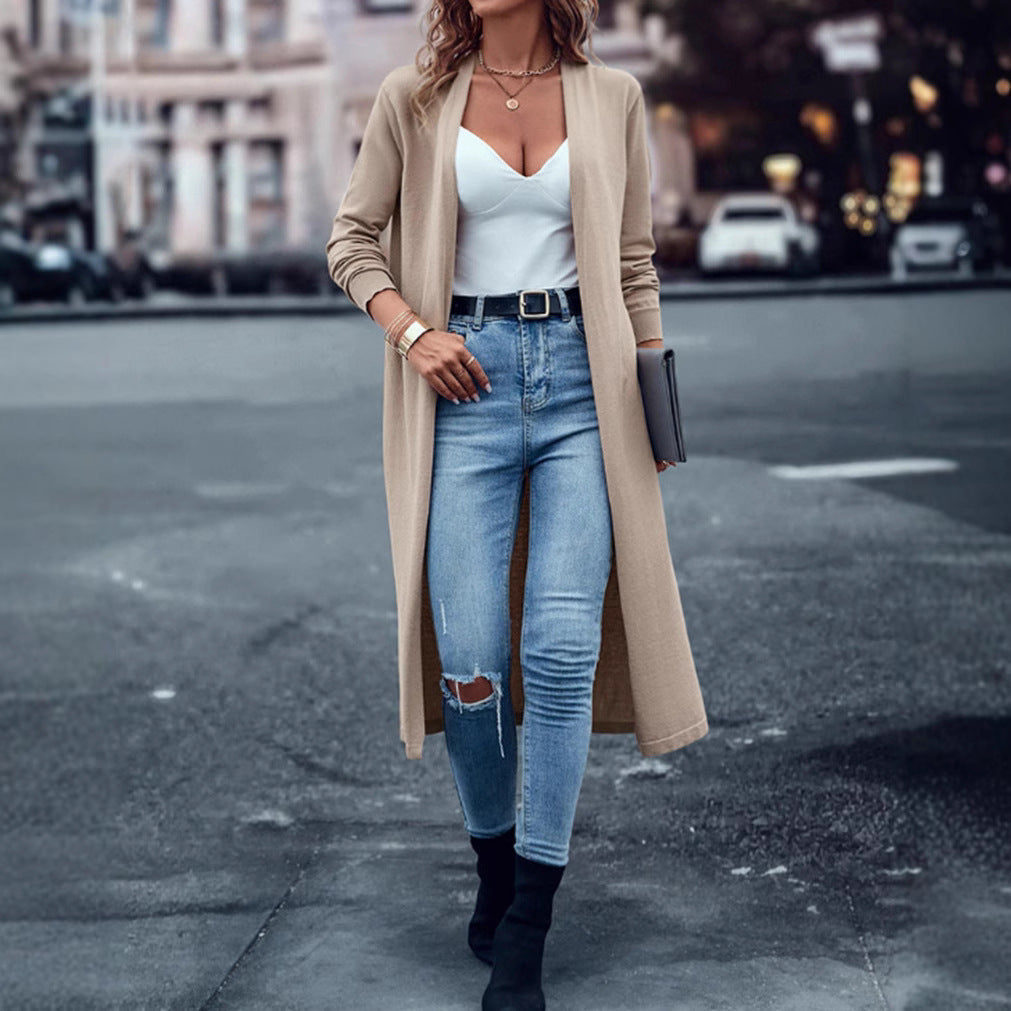 Damen Strickmantel Offen Elegant Beige