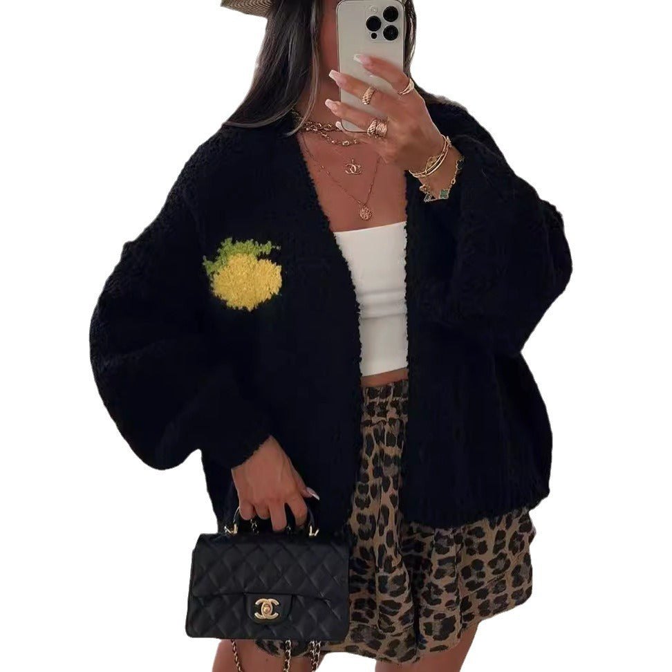 Damen Strickjacke Oversized Obstprint