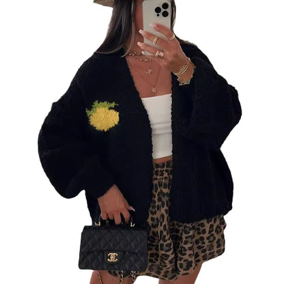 Damen Strickjacke Oversized Obstprint