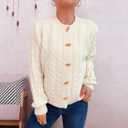 Damen Strickcardigan Weich Nautisches Design Beige Holzknöpfe