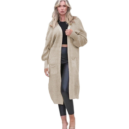 Damen Cardigan Grobstrick Offene Taschen Lässig Beige