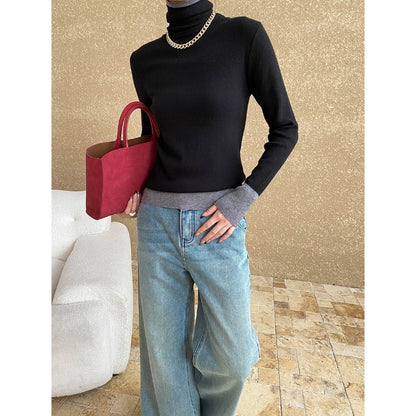 Damen Rollkragenpullover Kontrastärmel Eveloria