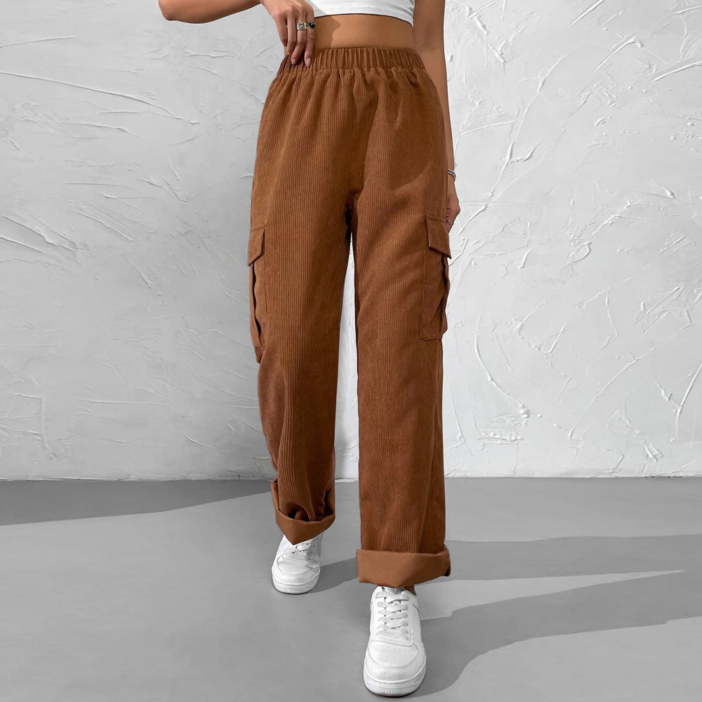 Damen Cargohose Samt Elastischer Bund Beige