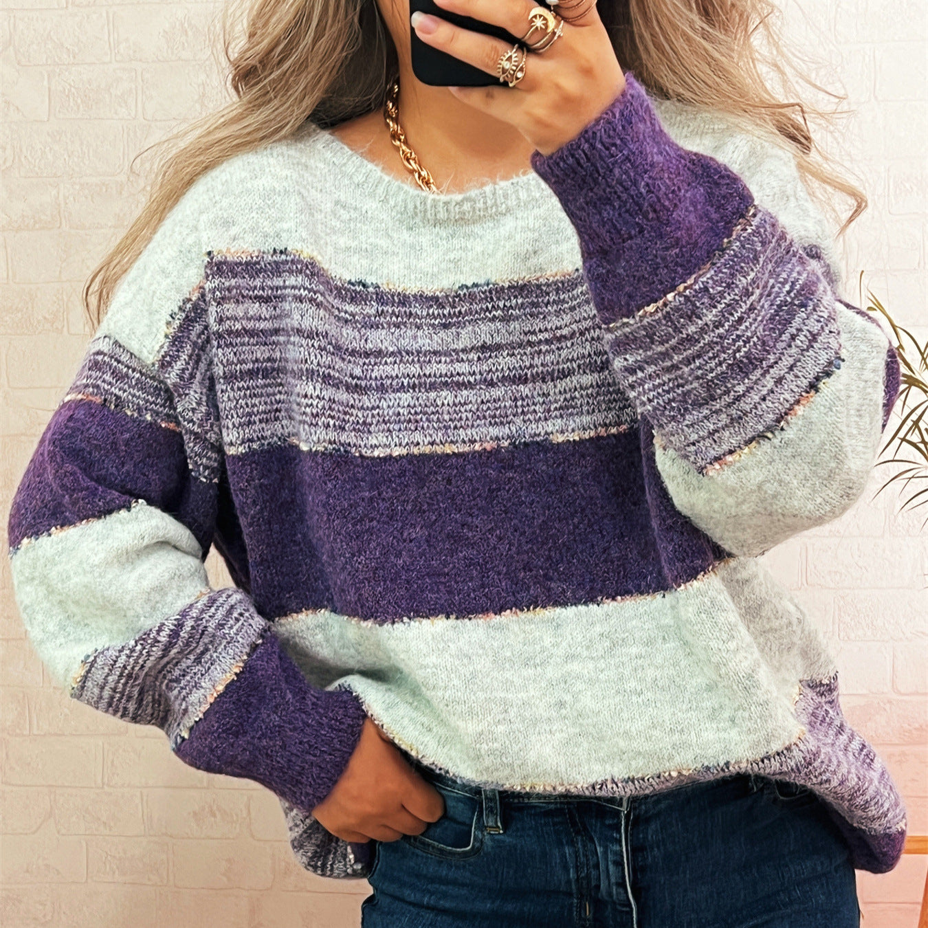 Damen Oversized-Pullover Streifenmuster Lässig Grau