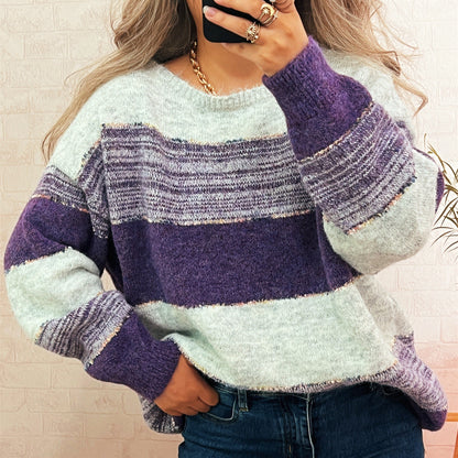 Damen Oversized-Pullover Streifenmuster Lässig Grau