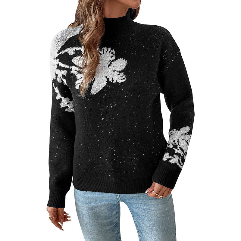 Damen Strickpullover Floral Design Hoher Kragen Eveloria