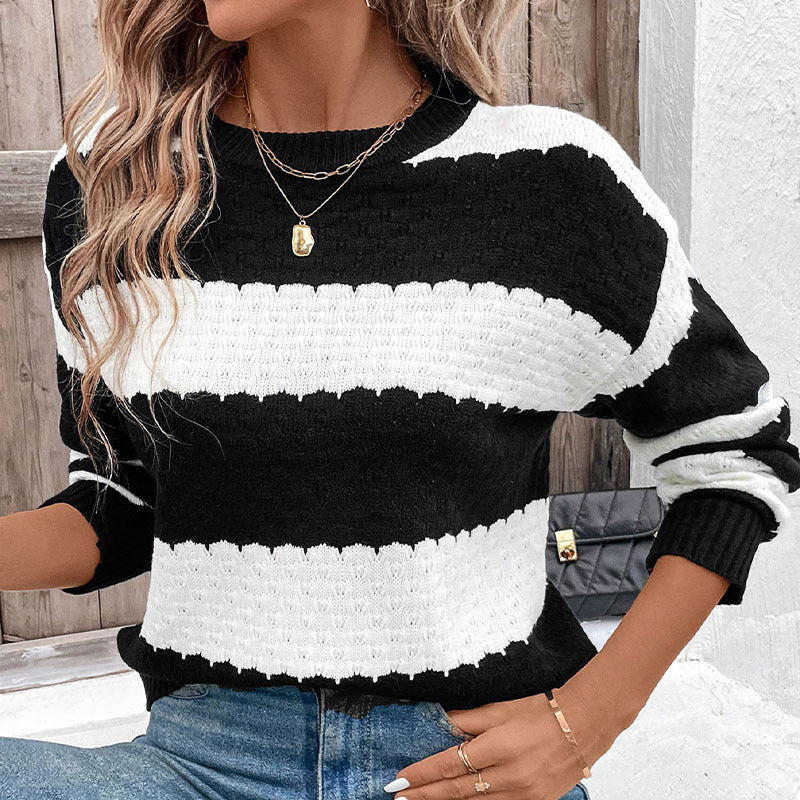 Damen Pullover Gestrickt Blockstreifen Lässig Beige