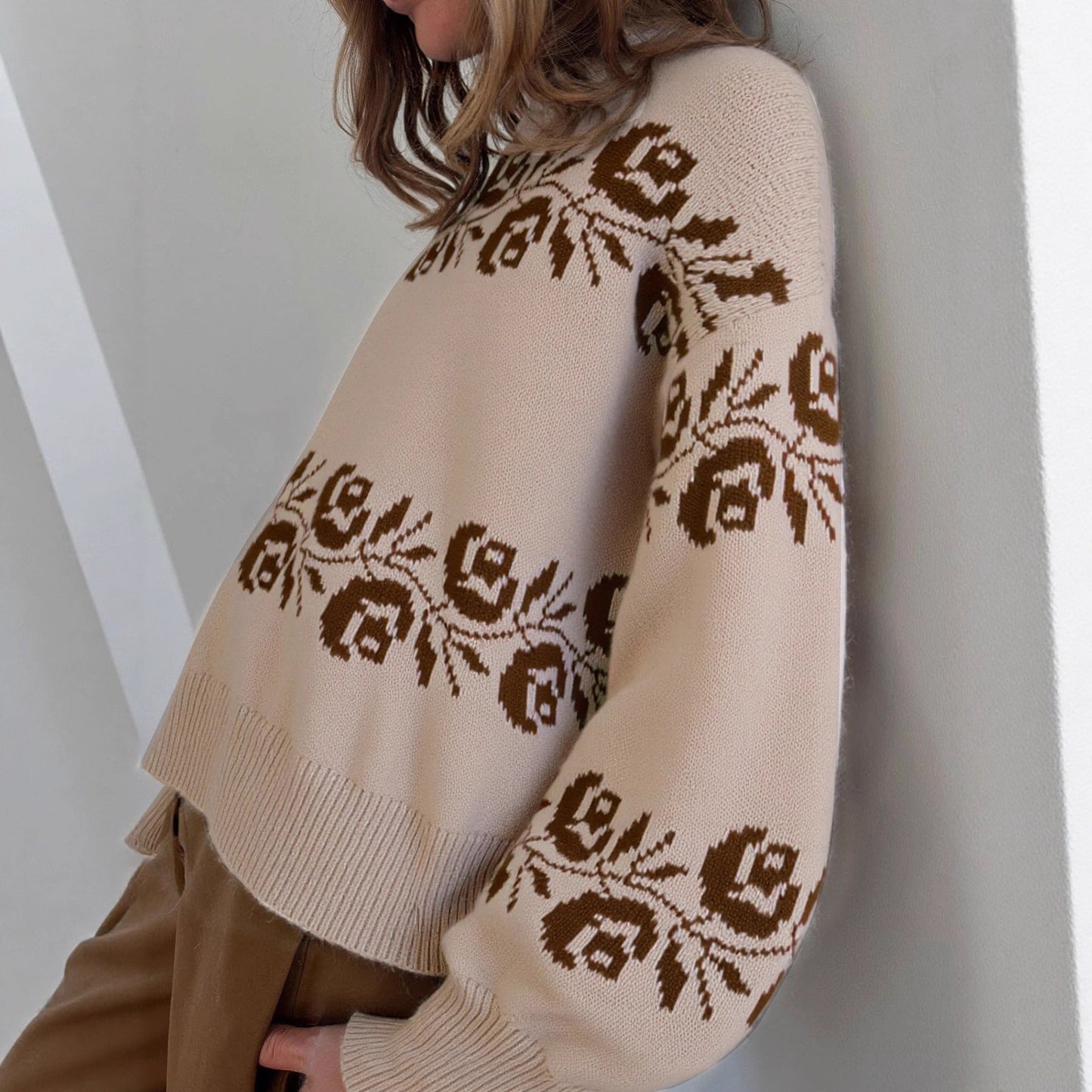 Damen Strickpullover Florales Muster Hochkragen